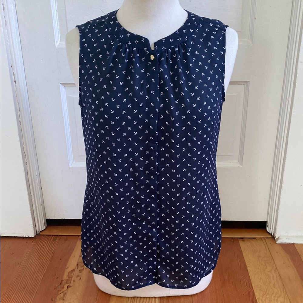 Banana Republic Navy Blue Anchor Print Sleeveless Button Down‎ Top 8 Petite